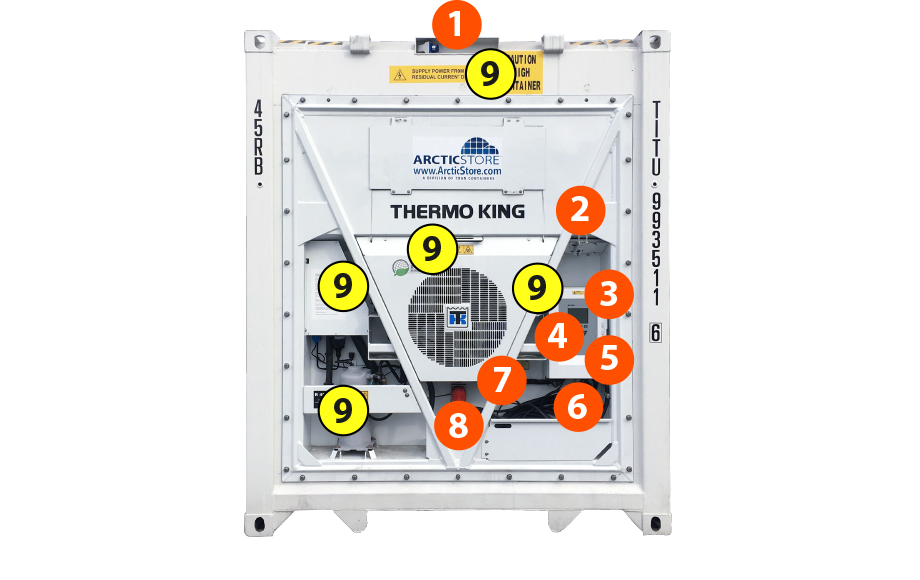 TK Magnum Plus
1. Anschluss für internen Strom
2. Frischluftventil
3. Anzeige der Steuerbox
4. Ein/Aus-Schalter
5. Steuerbox
6. 380/440V Leistungsleitung und Leistung führen zu 1.
7. CE-Zulassung
8. Mann Falle Leuchtfeuer und Sirene
9. Sicherheitswarnungen