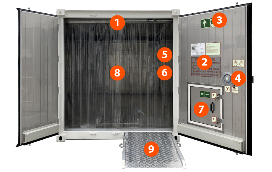 ArcticStore / SuperStore
1. Beleuchtung
2. Informationszeichen
3. Tag glühen Notfallzeichen
4. Interne Türentriegelung
5. Lichtschalter
6. Alarmaktivierung
7. Vorhänge
8. Rampe